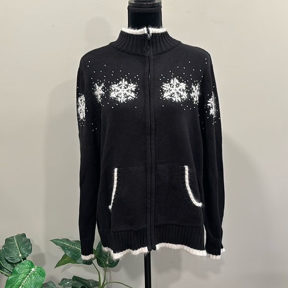 Quacker Factory Black Zip Front Cardigan with White Snowflakes NWT - Picture 1 of 9